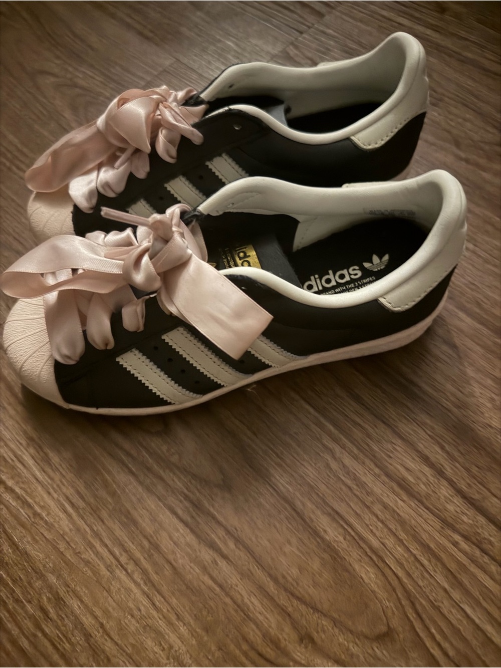 adidas Kids Black & White Sneakers with Pale Pink Satin Laces